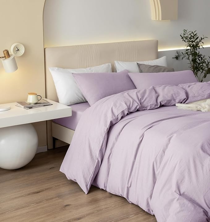 JIYUAN 100% Washed Cotton Duvet Cover Set 2 Pieces Twin, 1 Duvet Cover 68x90 Inches(Comforter Not Included) and 1 Pillowcase,Linen Like Comfy and Breathable,Heathered Light Purple
