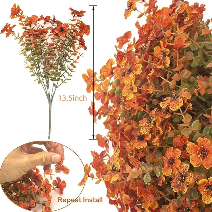 Artificial Fall Flowers Fake mums for Outdoors - UV Resistant & Fade-Resistant Fake Flowers, 10 Bundles Orange Yellow Waterproof Faux Flowers for Garden, Yard, Patio, Wedding & Fall Decor