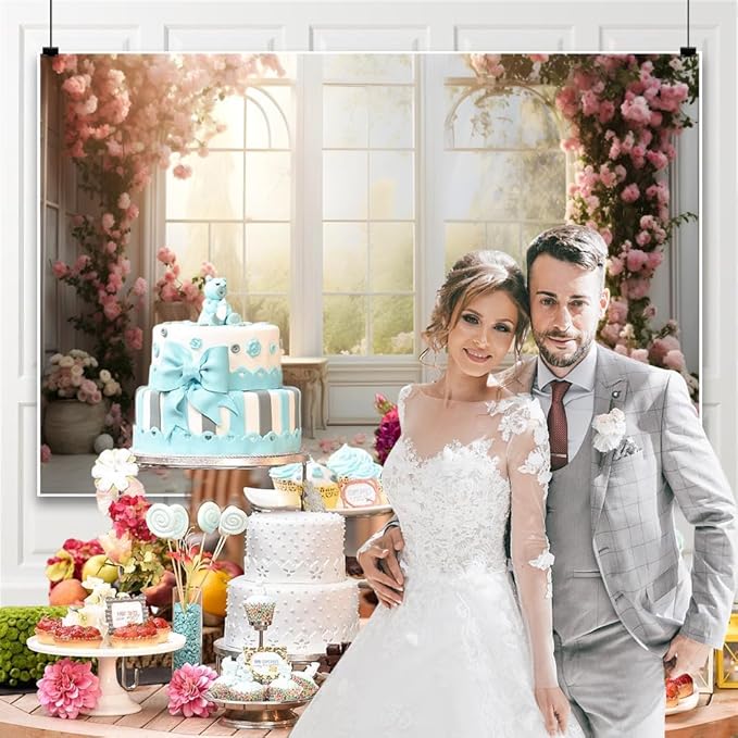 7x5ft Bridal Floral Backdrop for Wedding Pink Rose Window Scenery Green Leaves Elegant Photography Background for Valentine's Day Bridal Shower Birthday Spring Party Women Girls Portraits