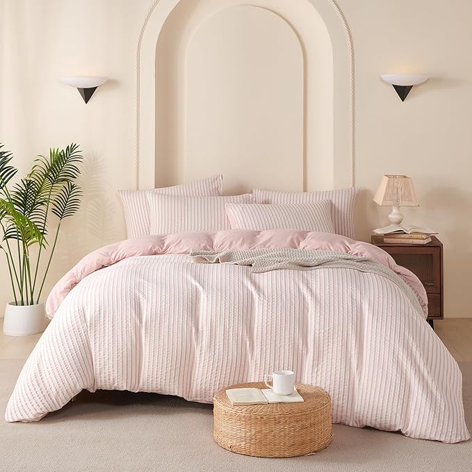 Striped Duvet Cover Set King Pink Washed Microfiber Jacquard 3 Pieces Bedding Set, White Pink Vertical Ticking Stripes Pattern Comforter Cover with Zipper Closure Breathable Durable Soft Comfy