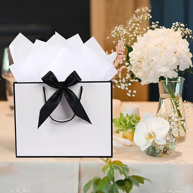 White Gift Bags 13 x 10 x 4’’, Portable Gift Bag Set with Tissue Paper and Greeting Cards, 2 PCS Gift Bags with Handles Ribbon for Women Men, Paper Present Bags for Birthday Party Wedding Christmas