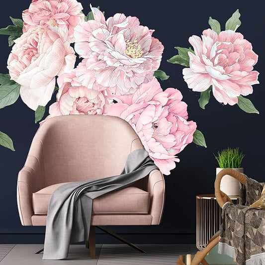 Large Pink Peony Wall Decals, Blush Flower Stickers for Girls Room & Kids Bedroom, Colorful Floral Vinyl Art for Nursery, Self-Adhesive Decor