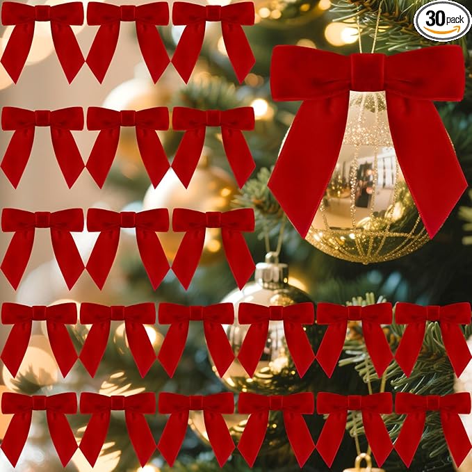 30 Pcs Velvet Ribbon Bows 3.5" x 3.5" Pre Tied Christmas Velvet Bows with Twist Tie for Gift Packaging Christmas Tree Wreaths Door Windows Wedding Party Decoration(Bright Red)