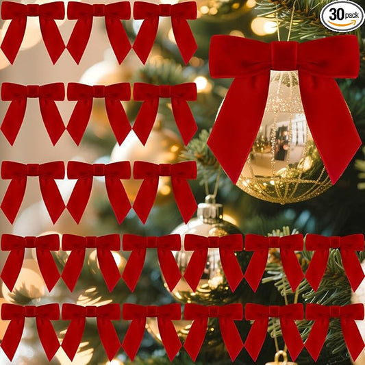 30 Pcs Velvet Ribbon Bows 3.5" x 3.5" Pre Tied Christmas Velvet Bows with Twist Tie for Gift Packaging Christmas Tree Wreaths Door Windows Wedding Party Decoration(Bright Red)