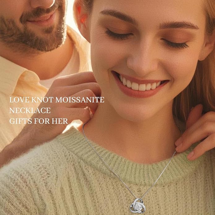 MOOSEA Love Knot Moissanite Necklace for Women, 1-3 ct D Color VVS1 Clarity 925 Sterling Silver Moissanite Pendant Necklace Anniversary Birthday Christmas Gifts for Women Wife Mom Girlfriend