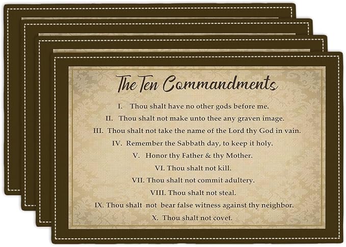 10 Commandments Placemats Set of 4, Ten Commandments Christian Religious Bible Verse Place Mats Washable Double-Sided Table Mats for Kitchen Dining Room Home Party Indoor Decor 4 PCS 12x18 Inch