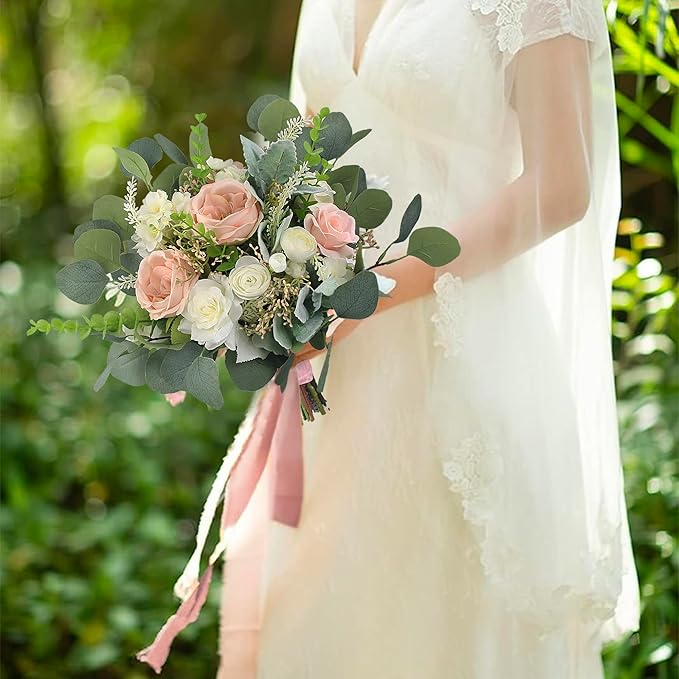 Rinlong 12.6 Inch Wedding Bouquets for Bride Pink Green Bridal Bouquet for Wedding Artificial Flowers Silk Bouquet Spring