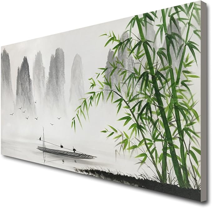 Winpeak Art Traditional Chinese Painting Black and White Landscape Canvas Wall Art Bamboo Artwork