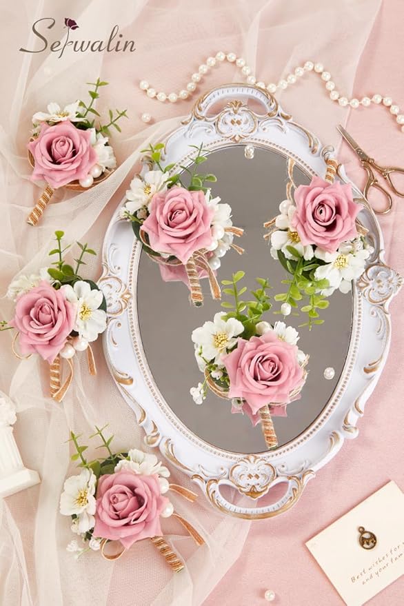Serwalin 6PCS Pink Rose Boutonniere for Men Wedding Groom Groomsmen Best Man Boutonniere for Wedding Ceremony Anniversary Prom Flowers Formal Dinner Party