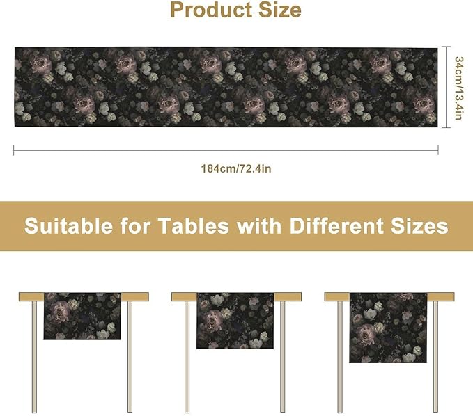 Gothic Floral Table Runner, Vintage Garden Flower Black Witchy Farmhouse Coffee Table Center Decor for Home Kitchen Dining Patio Holiday Party Table Decorations 13x90 inches