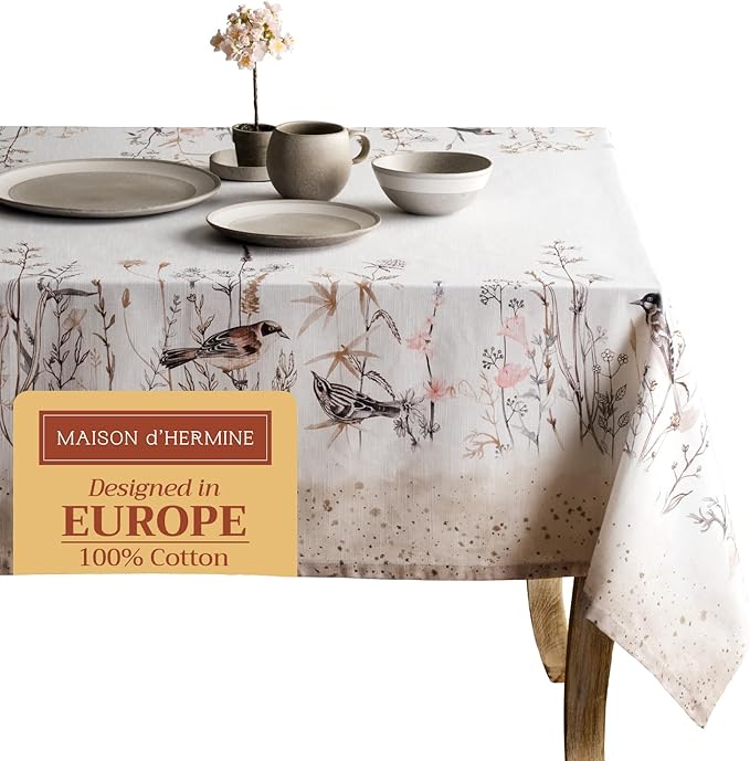 Maison d' Hermine Table Cloth Rectangle Table 100% Cotton 54 x 72 Inches Tablecloth Reusable for Dining Room, Farmhouse, Home, Party, Festive & Wedding Spring Summer - Meadow Florals - Brown
