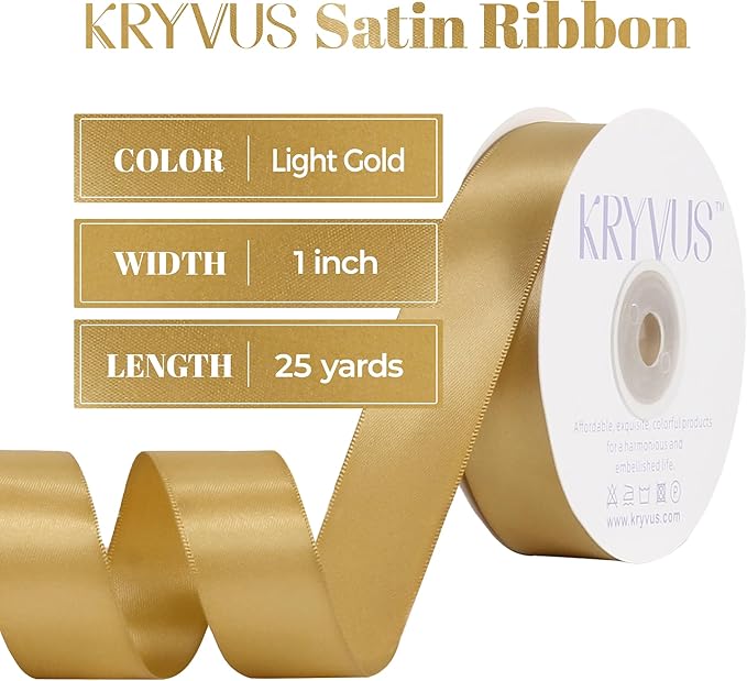 Light Gold Satin Ribbon, Double Faced 1 Inch X 25 Yards Light Gold Ribbon, Premium Satin Ribbon for Gift Wrapping, Crafts, Hair Bow Making, Sewing, Flower Bouquet, Wedding Party Decor