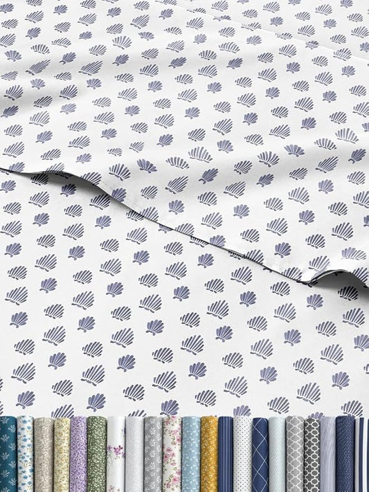 Coastal Bed Sheets - 1 Flat & 1 Fitted Sheet & 2 Pillowcases w/ Deep Pockets - Wrinkle & Fade Free Beach Themed Bed Set - Blue Sea Shell Bedding - Ultra-Soft, Breathable and Cooling - Queen Size