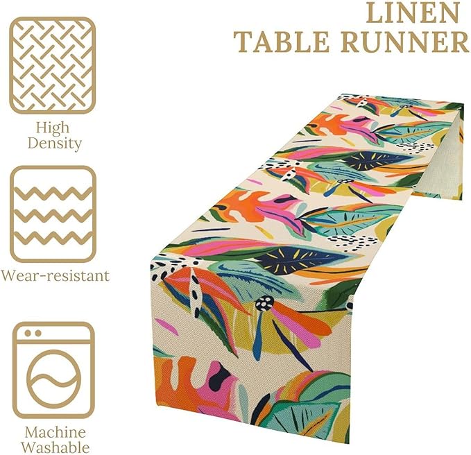 Colorful Flower Table Runner,Abstract Flower Blossom Botanical Pattern Print Tablecloth Burlap for Hotel Indoors Outdoor Dining Room Kitchen Table Decor, 13x108in