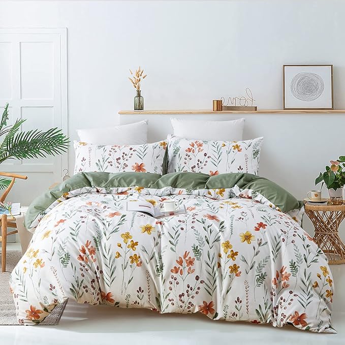 Nayoroom White Floral Duvet Cover King Size Green Botanical Leaf Yellow Flowers Printed Reversible Striped Bedding Set 3 Pieces Soft Microfiber Garden Style Comforter Cover with Zipper Ties