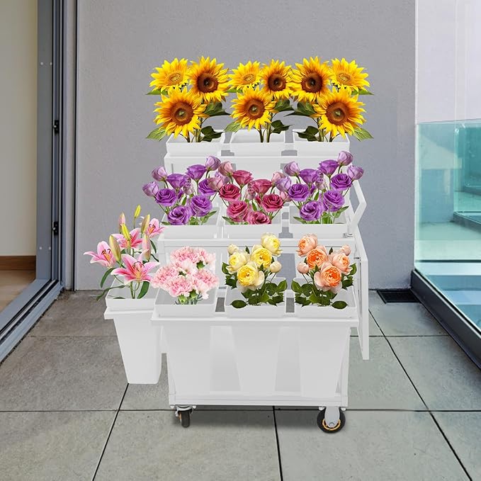 6-Tier Flower Display Stand Indoor Movable Flower Stand with 18 Buckets Plants Display Rack Cart with Wheels Metal Florist Bouquet Stand for Florist Patio Garden,23.62*23.62*36.61in (White)