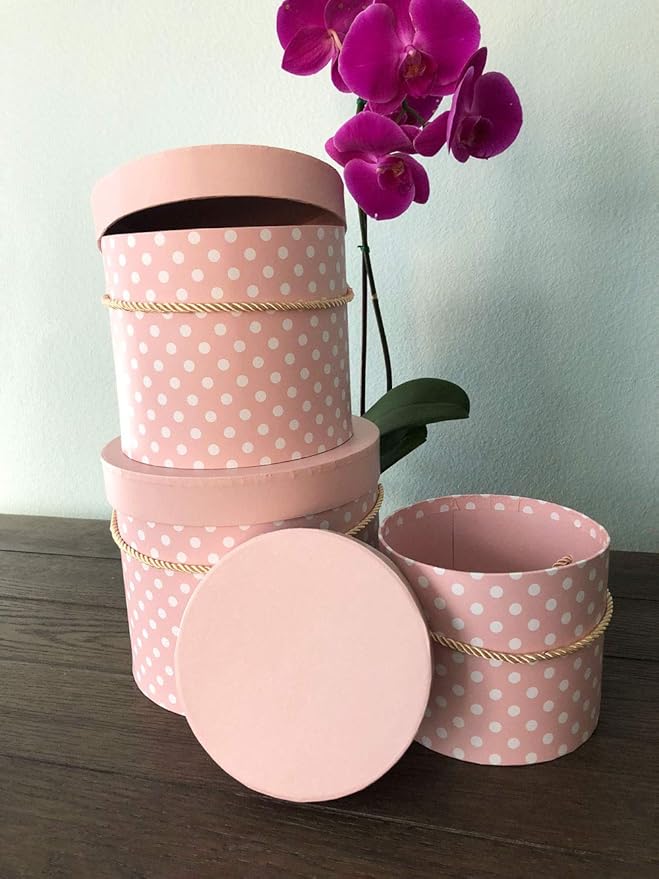 UNIKPACKAGING Premium Quality Round Flower Box, Gift Boxes for Luxury Flower and Gift Arrangements, Set of 3 pcs with Lids Size (S/M/L), Pink White Dots