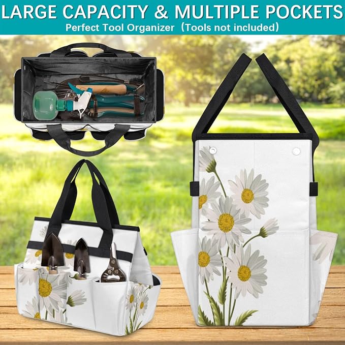 Floral Flower Daisy Garden Tool Tote Bag for Women Men Gardening Tool Storage Bags with 10 Pockets Standable Garden Home Tool Kits Organizer for Indoor Outdoor Gardening Gifts
