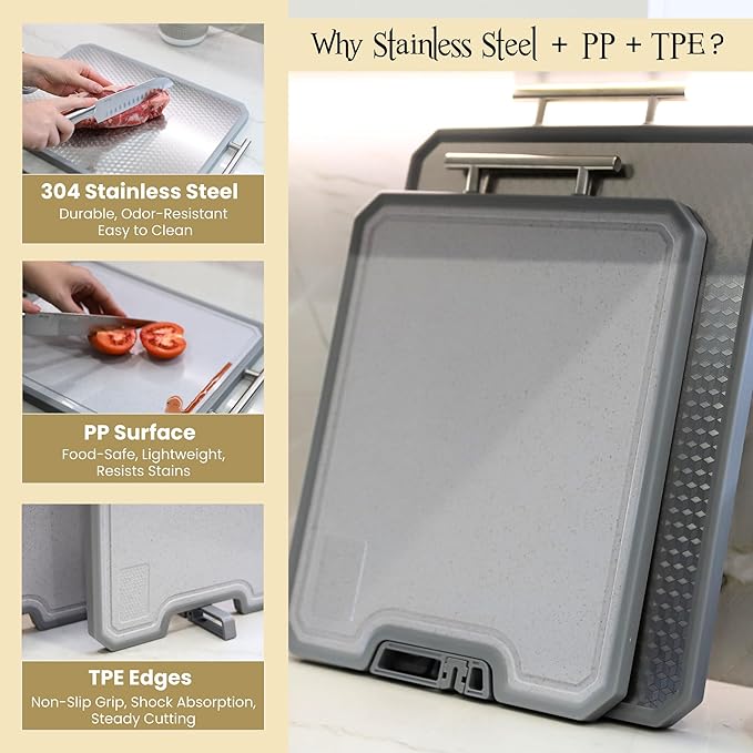 Stainless Steel Cutting Board Set, Double-Sided 304 Stainless Steel & PP, Built-In Knife Sharpener, Non-Slip Juice Groove, Dishwasher Safe Steel Cutting Boards For Kitchen, Medium & Large