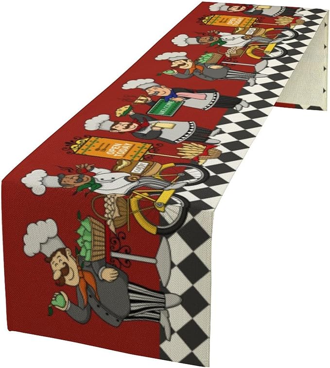 Retro Chef Table Runner,Farmhouse Burlap Table Runners for Party Wedding, Chef Decorations for TKitchen, Chef Kitchen Decor 13x70inch