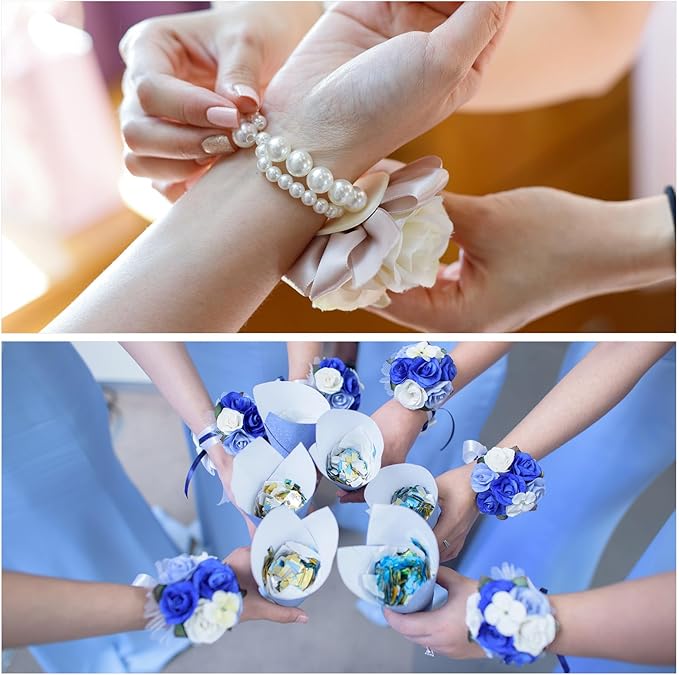 MECCANIXITY 12Pcs Wrist Corsage Artificial Flower Bracelets Rose Wrist Bride Groom Decorative for Wedding Ceremony Prom Party Anniversary Dark Green