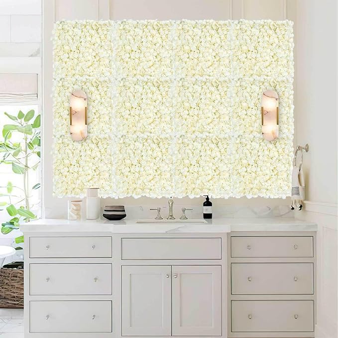 Ivory Backdrop Flowers Wall Panels: 12 Pcs 15 x 15 Inch Floral Backdrop Artificial Flower Wall Decor for Baby Shower Wedding Photo Background Decoration (3.75ft by 5ft)
