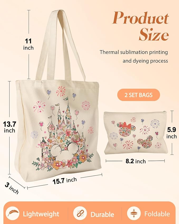 2 Pack Canvas Tote Bag - with Makeup Pouch Aesthetic Cute Women Reusable Canvas Bag for Shopping, Work, Travel