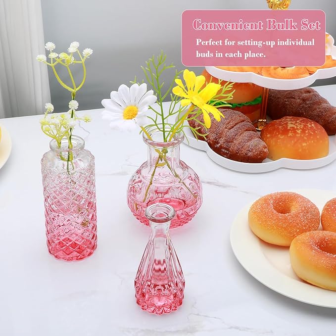 Brajttt Pink Flower Vase Set, Glass Bud Vase in Bulk Set of 8,Artistic and Cultural Flavor Mini Vases for Home Office Decor, Bedroom, Office, Living Room Decorations,Wedding