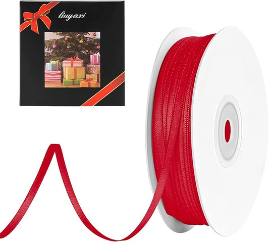 LIUYAXI Hot Red Double Faced Satin Ribbon, 1/8" X Continuous 100 Yards, Thin Ribbons Perfect for Gift Wrapping Wedding Invitation Card Hair Bows Tag Floral Arrangement DIY Craft