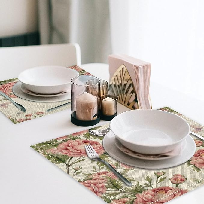 Pink Flowers Placemats Set of 8, 17x12 Inch Rustic Farmhouse Romantic Spring Floral Blossom Butterfly Table Mats for Home Party Kitchen Dining Decor