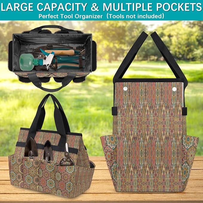 Ethnic Flowers Garden Tool Tote Bag for Women Men Gardening Tool Storage Bags with 10 Pockets Standable Garden Home Tool Kits Organizer for Indoor Outdoor Gardening Gifts