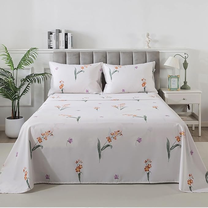 FADFAY Orange Vintage Orchid Floral King Size Sheets Set 100% Brushed Cotton Shabby Purple Tulip Pattern Bedding Set Deep Pocket Sheets with 2 Pillowcases Luxury Breathable Soft 4pcs, King Size