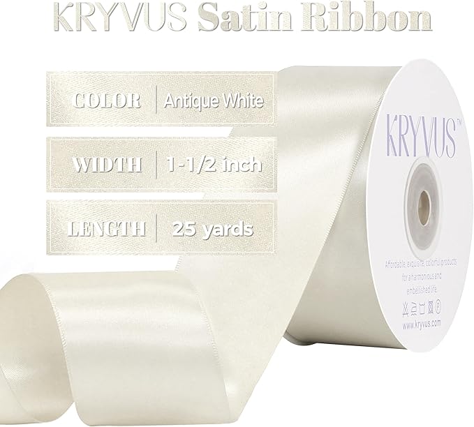Antique White Satin Ribbon, Double Faced 1-1/2 Inch X 25 Yards Antique White Ribbon, Premium Satin Ribbon for Gift Wrapping, Crafts, Hair Bow Making, Sewing, Flower Bouquet, Wedding Party Decor