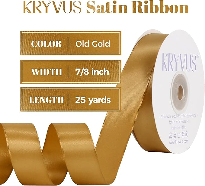 Old Gold Satin Ribbon, Double Faced 7/8 Inch X 25 Yards Old Gold Ribbon, Premium Satin Ribbon for Gift Wrapping, Crafts, Hair Bow Making, Sewing, Flower Bouquet, Wedding Party Decor