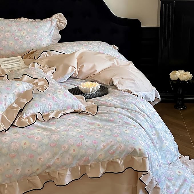 HighBuy Brushed Cotton Floral Ruffle Duvet Cover Full Size,Boho Chic Floral Bedding with Beige Edge,Breathable & Durable Bedding,Farmhouse Comforter Cover Sets 1 Duvet Cover and 2 Pillowcases