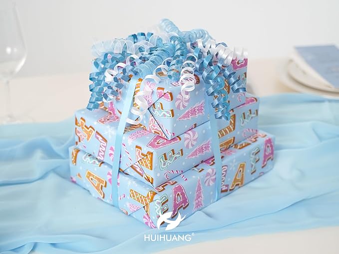 HUIHUANG Blue Bows for Gift Wrapping Blue and White Curly Bows with Self Adhesive & Twist Tie, 7 inch Gift Bow for Presents, Gift Basket, Baby Shower, Christmas Decor, Party Favors- 6 Counts