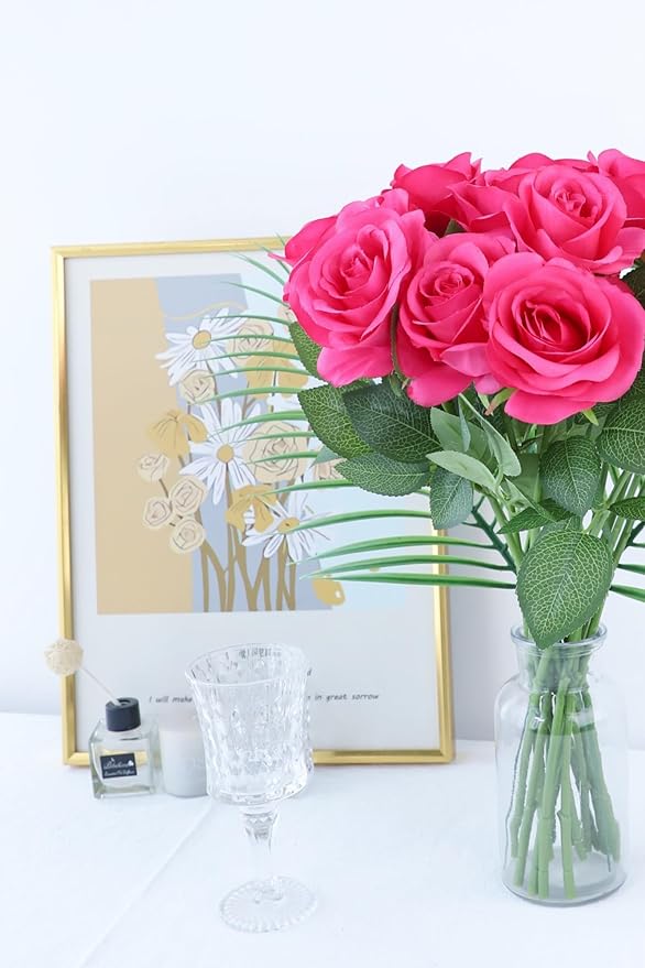 12pcs Roses Artificial Flowers Real Touch Fake Flowers with Long Stems Silk Flowers for Wedding Bouquet Centerpices Decorations Party Bridal Baby Shower Home Decor (Hot Pink)