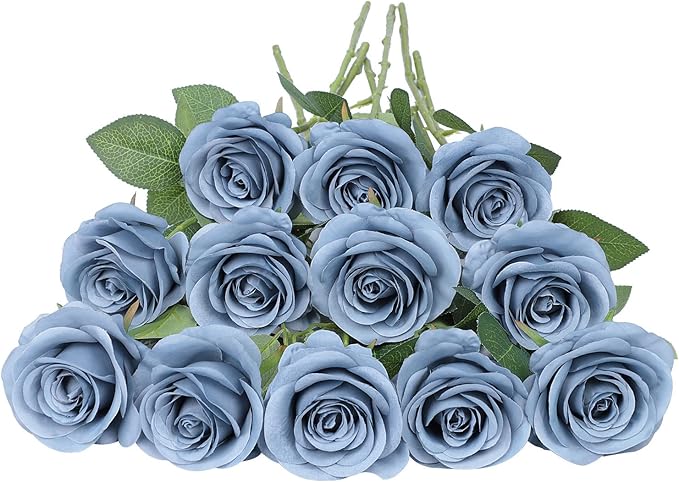 Artificial Rose Flower Artificial Flowers Flower with Long Stem Silk Roses Bouquet for Wedding Bridal Shower Party Home Decoration (Dusty Blue, 30 Pcs)