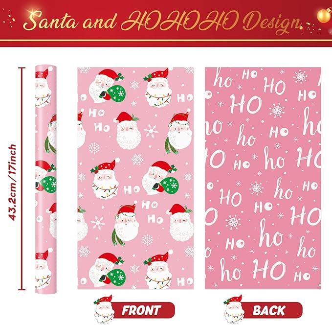 WERNNSAI Santa Christmas Wrapping Paper - 1 Roll 17”x 33 Ft Pink Santa Claus Wrapping Paper Reversible Christmas Gift Wrap for Kids Girls Xmas Winter Holiday Present Decoration with HOHO Design