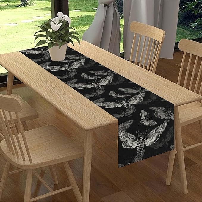 Gothic Moth Table Runner, Boho Gothic Mystical Witchy Skull Retro Farmhouse Coffee Table Center Decor for Home Kitchen Dining Patio Holiday Party Table Decorations 13x72 inches