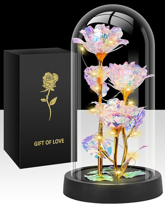 Mothers Day Glass Rose Gifts for Mom Women, Rose Flower Birthday Gifts for Women Mom Wife Girlfriend, Light Up Rose in A Glass Dome, Rose Gifts for Valentines, Mothers Day, Womens Day (Colorful)