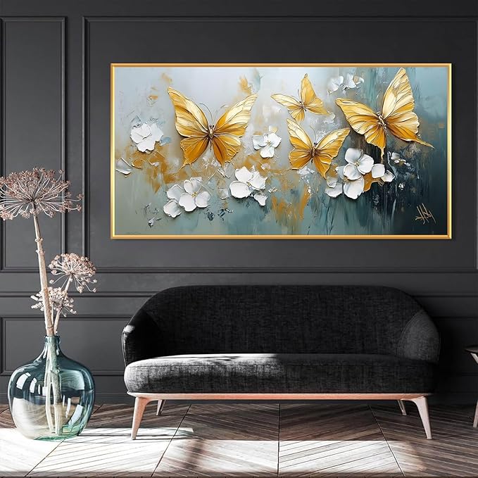 Butterfly Canvas Wall Art, Butterfly and Flower Wall Decor, Butterfly Prints, Abstract Textured Canvas Wall Art, Artwork for Walls, Oil Painting Wall Art, Wall Decor Living Room (Black Frame, *23"x12"|60x30cm)