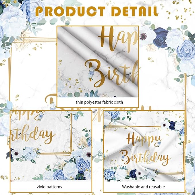 MEHOFOND 10x7ft Happy Birthday Backdrop Blue and White Flowers Bday Photography Background Girls Geometric Gold Glitter Dots Birthday Floral Party Decorations Cake Smash Decor Studio Photo Props