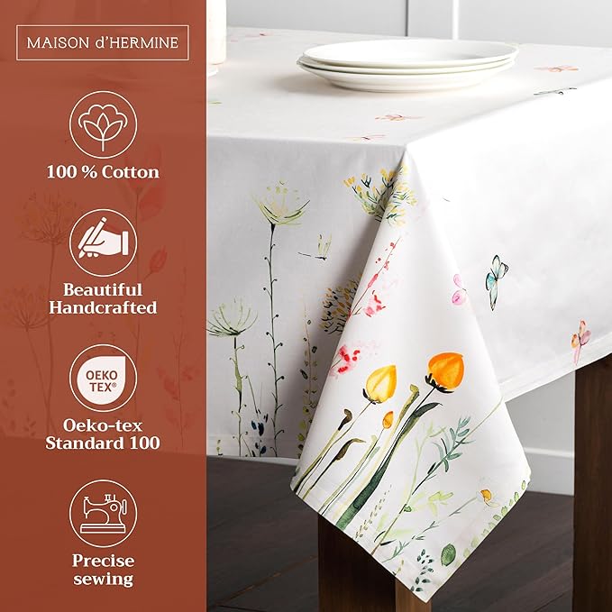 Maison d' Hermine Table Cloth Rectangle Table 100% Cotton 70 x 108 Inches Tablecloth Reusable Decorative for Dining Room, Farmhouse, Home, Party, Festive & Wedding Spring Summer - Botanical Fresh