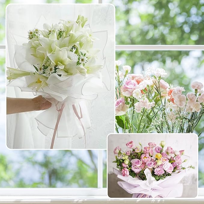 Kosotody 20 Sheets Flower Wrapping Paper Waterproof Florist Bouquet with Ribbon for Bouquets DIY Crafts Packaging Bouquet, 22.8x22.8 inch (White)