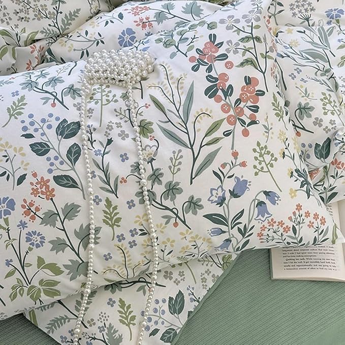 EAVD Vintage Style Garden Floral Duvet Cover Queen Soft Cotton Chic Shabby Colorful Leaves Floral Bedding Set with 2 Pillowcases Fresh Botanical Duvet Cover with Zipper Closure