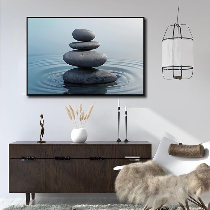 Zen wall art Harmonious grey stones stacked on a calm surface of water Serene Zen decor suitable for tranquil homes and spaces of meditation 20x30in Metal blackFramed