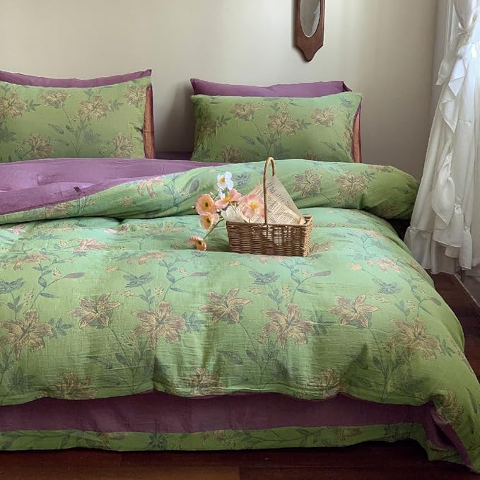 VM VOUGEMARKET Linen Cotton Jacquard Duvet Cover Queen,3 Pcs Yarn-Dyed Textured Duvet Cover Set Green Purple Floral Bedding Breathable, Natural Wrinkled Look-No Comforter