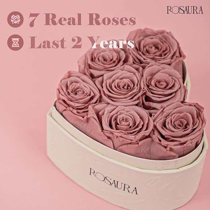 Rosaura Heart-Shaped Preserved Roses Gift Box - Real Forever Flowers for Birthday, Valentine's & Mother's Day (Cappuccino, 7 Roses)