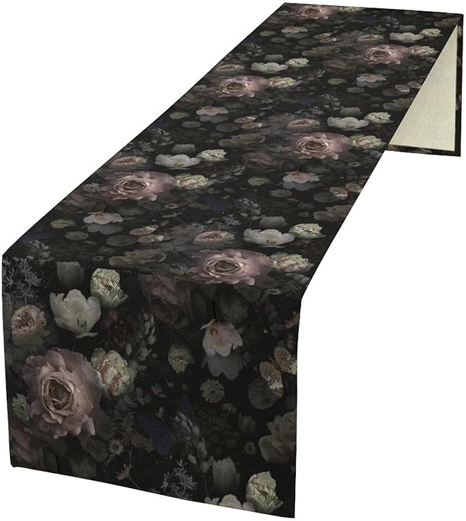 Vintage Floral Table Runner, Black Pink Flower Rose Gothic Garden with Beautiful Blooming Roses Print Table Runner for Home Kitchen Dinning Table Indoor Outdoor Holiday, 13x60inch